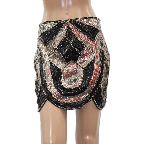 ENDLESS ROSE Black Silver Bronze Sequin Beaded ART DECO Geometric Mini Skirt L - Picture 3 of 6